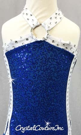 Royal Blue Zsa Zsa Halter Leotard  w/White Striping - Swarovski Rhinestones