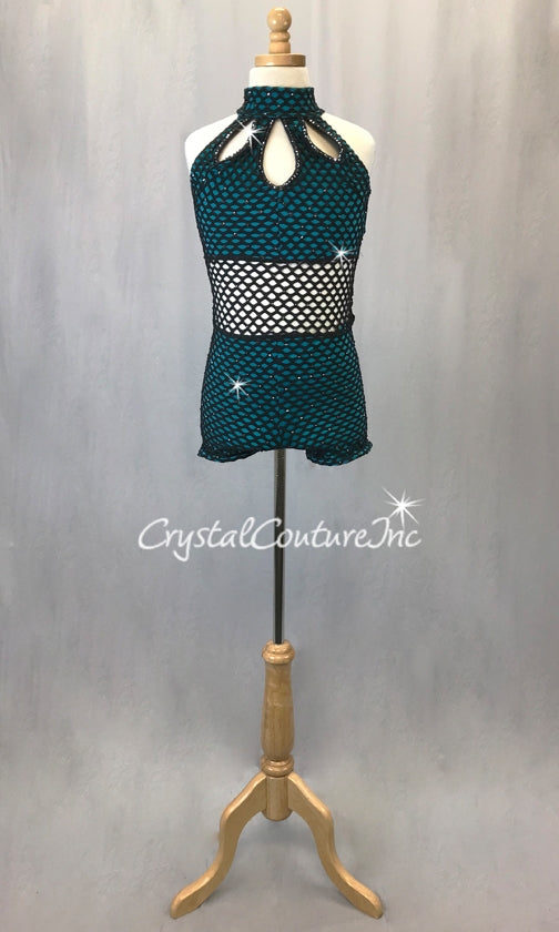 Black Open Net Biketard with Teal Blue Top & Booty Shorts - Swarovski Rhinestones