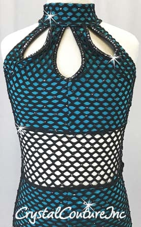 Black Open Net Biketard with Teal Blue Top & Booty Shorts - Swarovski Rhinestones