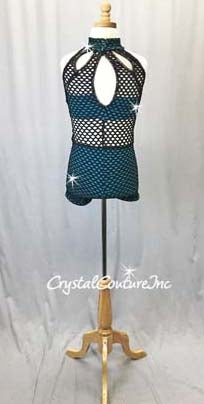 Black Open Net Biketard with Teal Blue Top & Booty Shorts - Swarovski Rhinestones