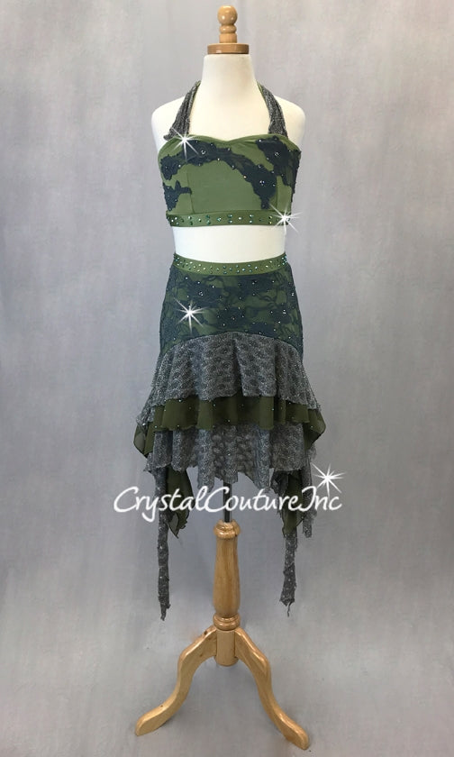 Olive Green and Grey 2 Piece Halter Bra Top with Skirt-Swarovski Rhinestones