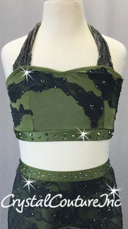 Olive Green and Grey 2 Piece Halter Bra Top with Skirt-Swarovski Rhinestones