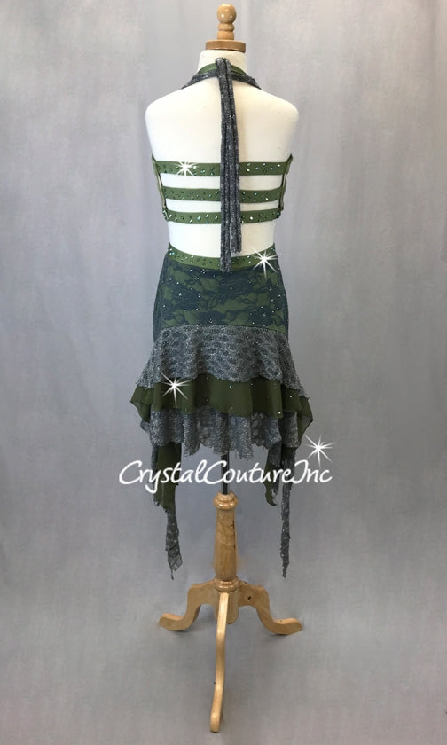 Olive Green and Grey 2 Piece Halter Bra Top with Skirt-Swarovski Rhinestones