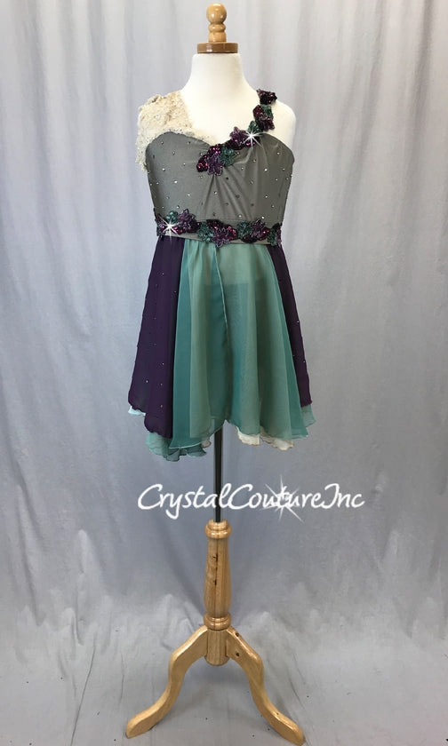 Taupe Top & Short w/Plum, Green, Ivory Empire Waist Skirt - Rhinestones
