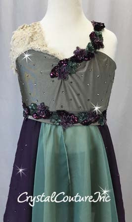 Taupe Top & Short w/Plum, Green, Ivory Empire Waist Skirt - Rhinestones