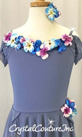 Periwinkle Blue Skirted Leotard with Flowers  -Swarovski Rhinestones