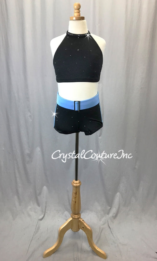 Black with Blue Crop Top and Boy Shorts - Swarovski Rhinestones