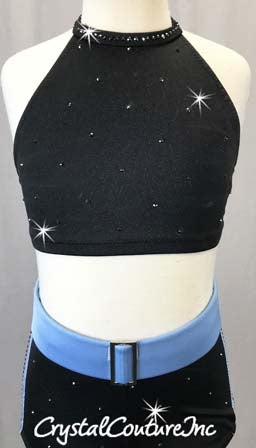 Black with Blue Crop Top and Boy Shorts - Swarovski Rhinestones