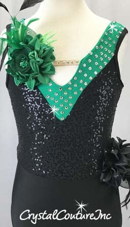 Black Leotard w/Green Accent Trim - Swarovski Rhinestones
