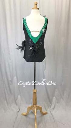 Black Leotard w/Green Accent Trim - Swarovski Rhinestones