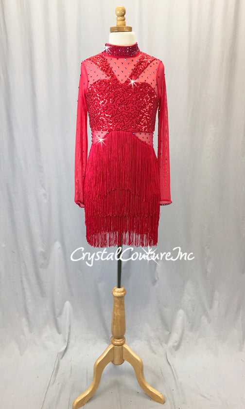 Red Long-Sleeved Biketard with Fringe Skirt - Swarovski Rhinestones