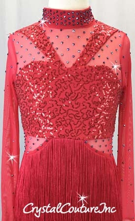 Red Long-Sleeved Biketard with Fringe Skirt - Swarovski Rhinestones
