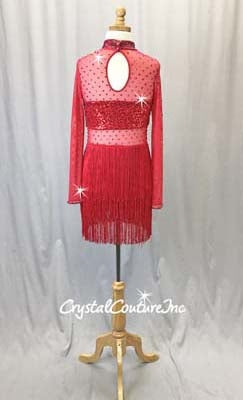 Red Long-Sleeved Biketard with Fringe Skirt - Swarovski Rhinestones