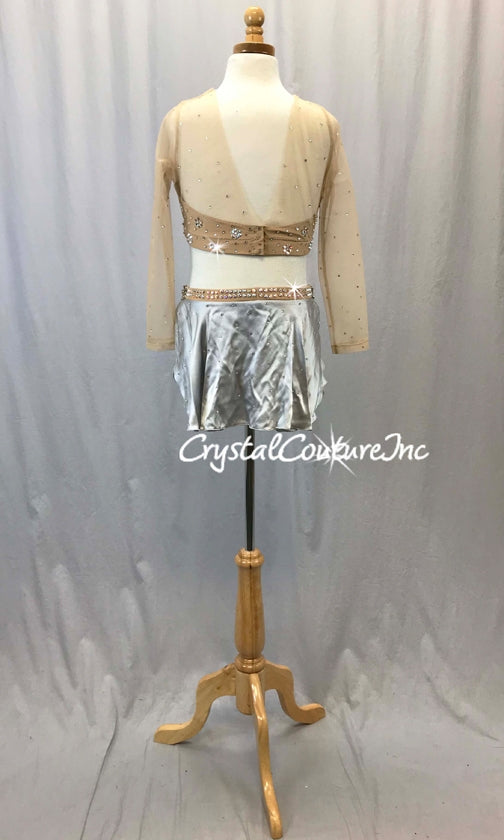 Custom Nude 3/4 Sleeve Crop Top and Briefs w/Lt Grey Back Skirt - Appliques & Swarovski Rhinestones