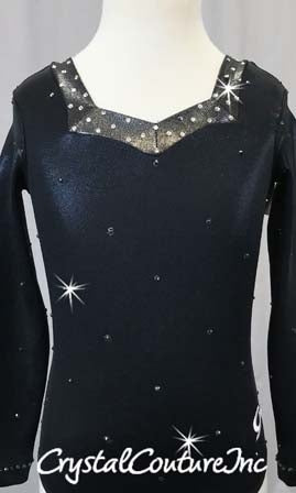Black Shimmery Metallic Lycra Leotard-Swarovski Rhinestones