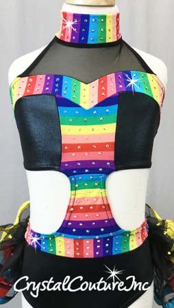 Black and Bright Stripe Connected 2 pc Bra Top and Briefs w/Bustle - Swarovski Rhinestones