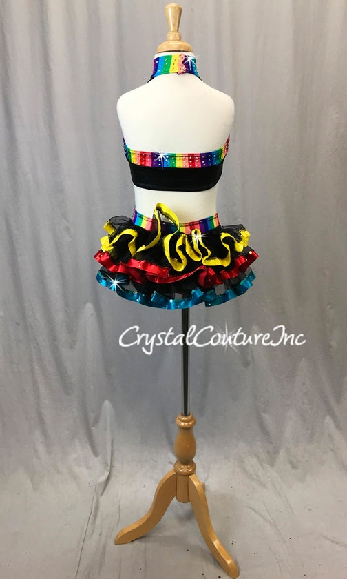 Black and Bright Stripe Connected 2 pc Bra Top and Briefs w/Bustle - Swarovski Rhinestones