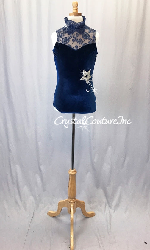 Navy Blue Velour and Floral Lace Leotard - Swarovski Rhinestones