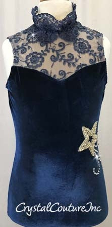 Navy Blue Velour and Floral Lace Leotard - Swarovski Rhinestones
