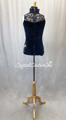 Navy Blue Velour and Floral Lace Leotard - Swarovski Rhinestones