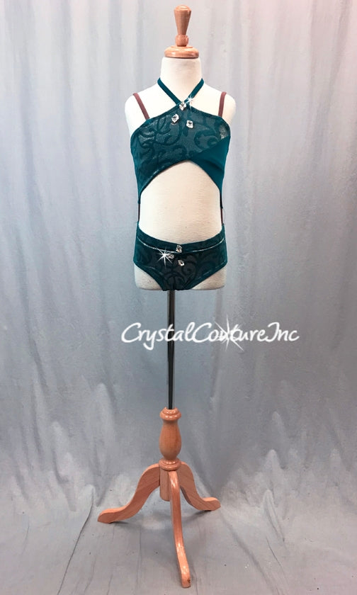 Dark Teal Blue and Shimmery Teal/Gold Velour Connected 2-Piece - Swarovski Rhinestones