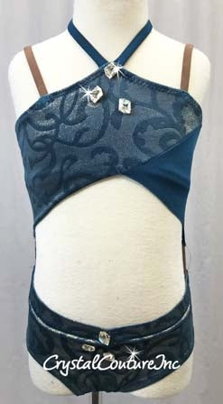 Dark Teal Blue and Shimmery Teal/Gold Velour Connected 2-Piece - Swarovski Rhinestones