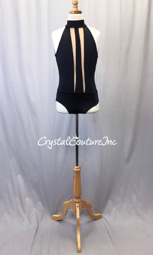 Black Lycra Mock Neck Leotard with Nude Mesh Insets