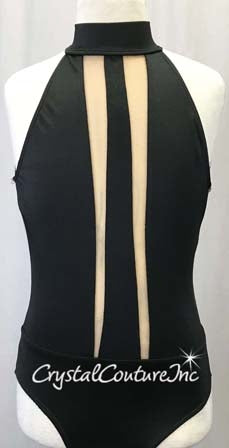 Black Lycra Mock Neck Leotard with Nude Mesh Insets