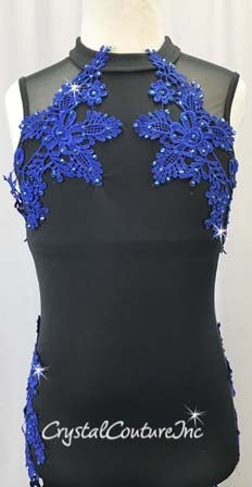 Black Lycra Unitard with Royal Blue Appliques- Swarovski Rhinestones