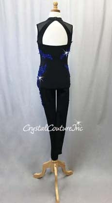 Black Lycra Unitard with Royal Blue Appliques- Swarovski Rhinestones