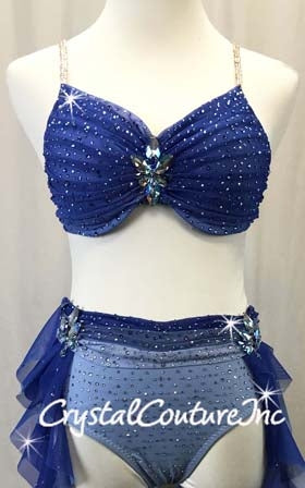 Custom Blue Ombre Two Piece Bra-Top with Brief/Tendril Skirt - Swarovski Rhinestones