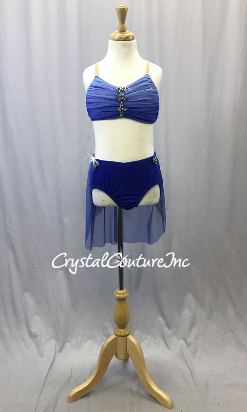 Blue Ombre Mesh 2-Piece Bra Top and Briefs w/Back Skirt - Swarovski Rhinestones