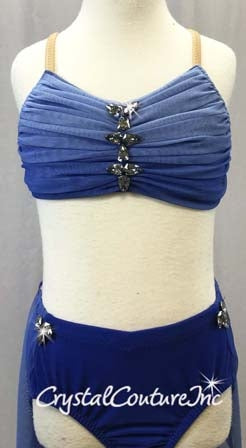 Blue Ombre Mesh 2-Piece Bra Top and Briefs w/Back Skirt - Swarovski Rhinestones