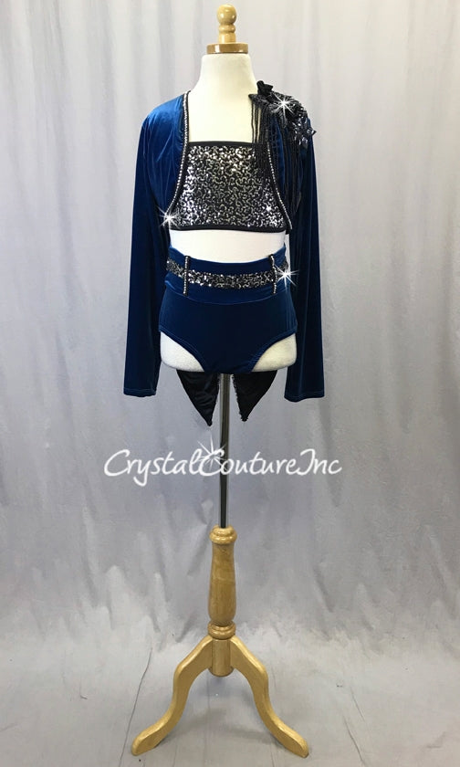 Teal Blue Velour and Black 3-Piece Bra Top/Jacket and Trunks w/Tails - Swarovski Rhinestones