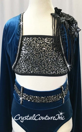 Teal Blue Velour and Black 3-Piece Bra Top/Jacket and Trunks w/Tails - Swarovski Rhinestones