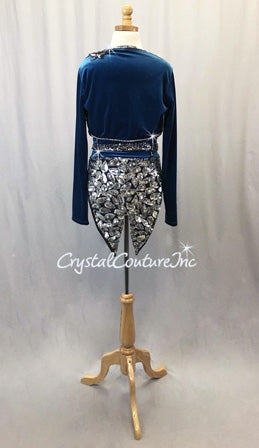 Teal Blue Velour and Black 3-Piece Bra Top/Jacket and Trunks w/Tails - Swarovski Rhinestones