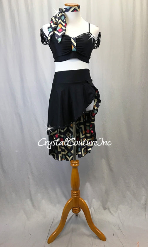 Black Lycra 2-Piece Bra Top and Skirt w/Geometric Print Lining - Rhinestones