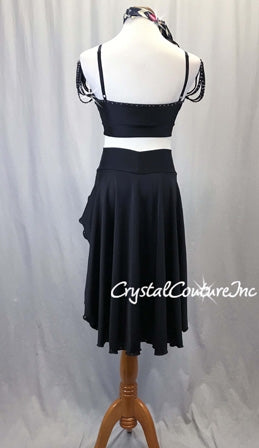 Black Lycra 2-Piece Bra Top and Skirt w/Geometric Print Lining - Rhinestones