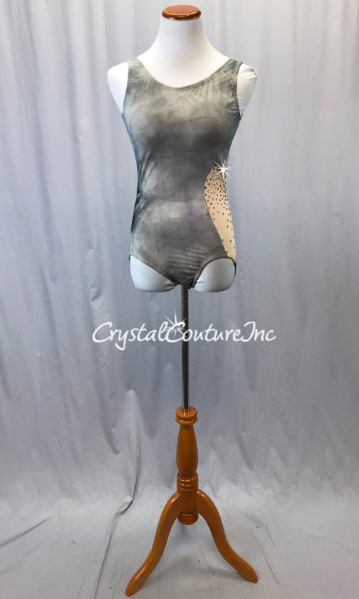 Gray Tie-Dye Mesh Leotard w/Nude Inset - Rhinestones