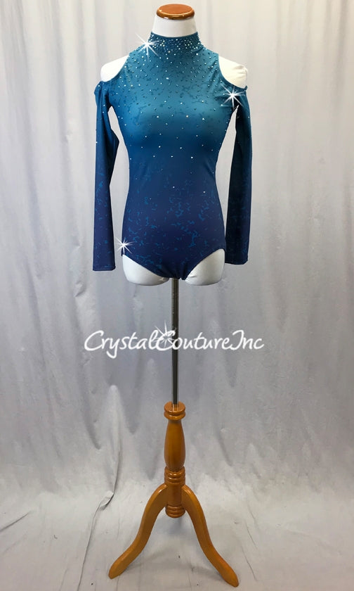 Teal/Navy Ombre Long Sleeve Cold-Shoulder Leotard - Rhinestones