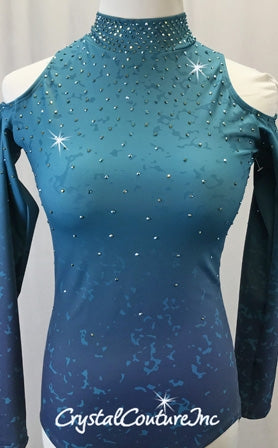 Teal/Navy Ombre Long Sleeve Cold-Shoulder Leotard - Rhinestones