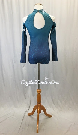 Teal/Navy Ombre Long Sleeve Cold-Shoulder Leotard - Rhinestones