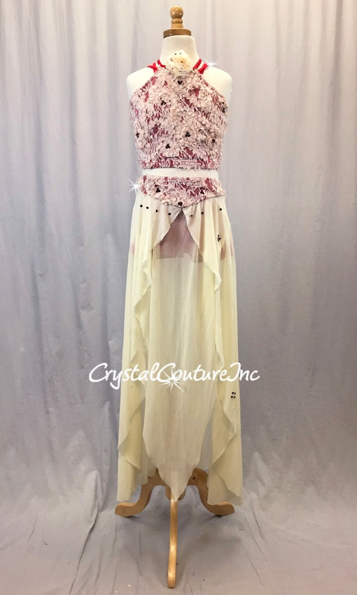 Ivory/Vintage Pink/Red 2-Piece Crop Top and Skirt w/Attached Briefs - Swarovski Rhinestones