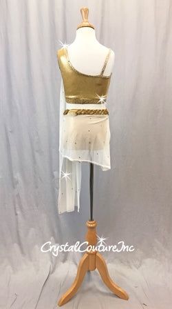 Shimmery Gold Top and Trunk with White Sheer Mesh Draping & Skirt - Rhinestones