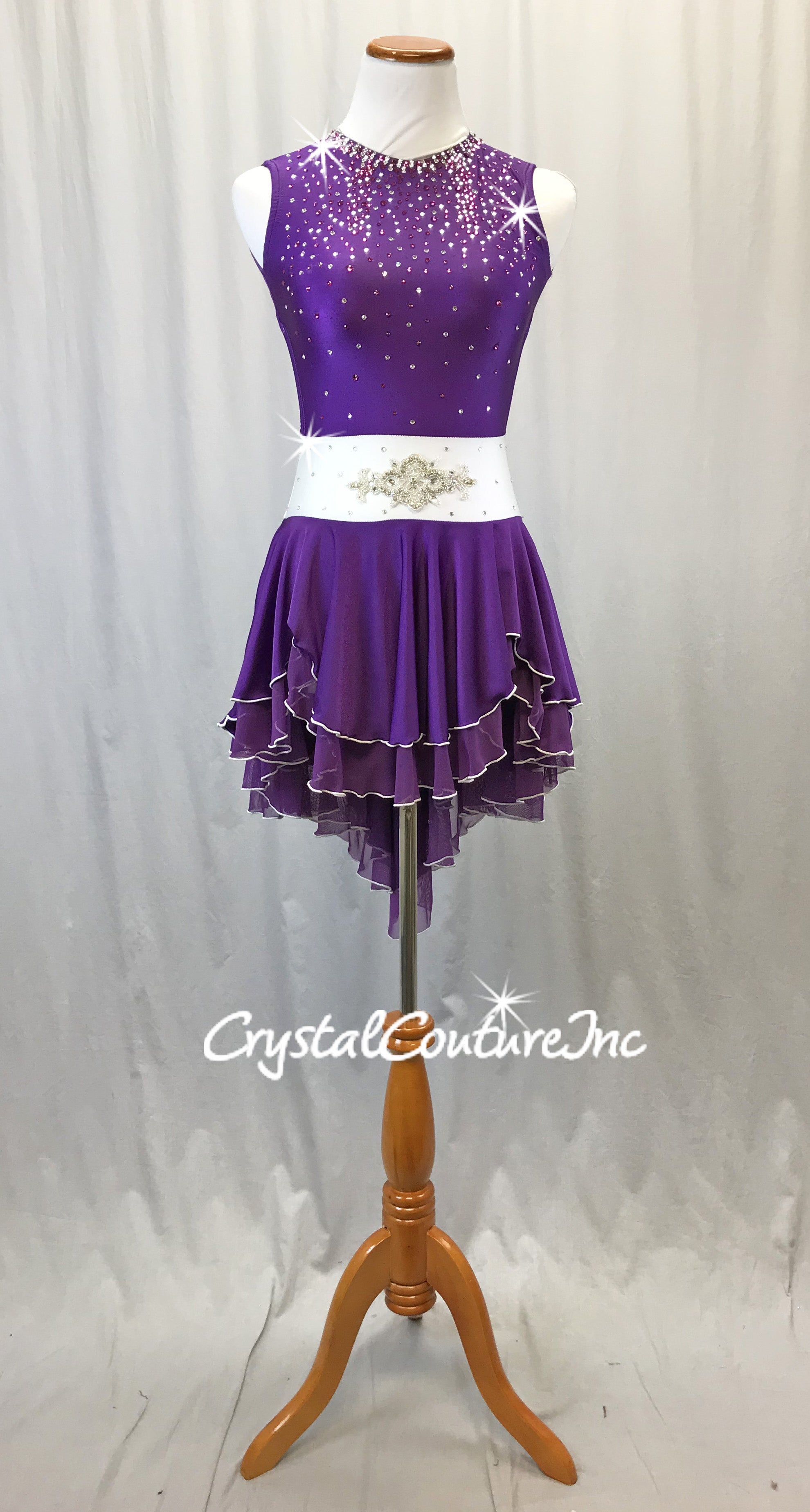 Purple, White Dress with Asymmetrical Skirt/Trunk - Swarovski Rhinesto Crystal Couture Purple, White Dress with Asymmetrical Skirt/Trunk - Swarovski Rhinesto Crystal Couture