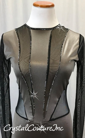 Taupe Lycra and Black Sheer Mesh Long Sleeve Leotard - Swarovski Rhinestones