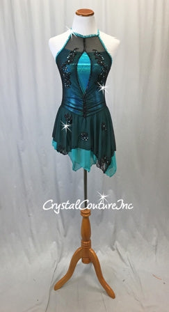 Teal Blue Metallic Lycra and Black Mesh Dress w/Black Appliques - Swarovski Rhinestones