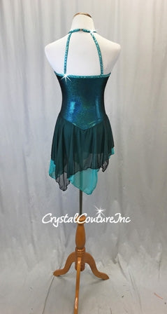 Teal Blue Metallic Lycra and Black Mesh Dress w/Black Appliques - Swarovski Rhinestones