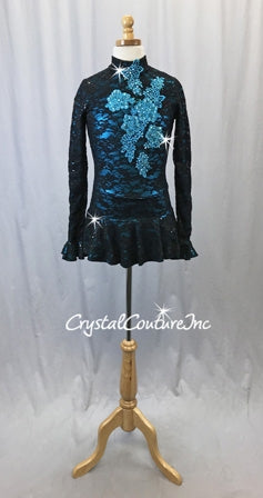 Black Sequin Stretch Lace Dress w/Turquoise Applique - Swarovski Rhinestones Black Sequin Stretch Lace Dress w/Turquoise Applique - Swarovski Rhinestones