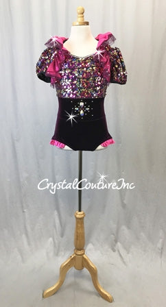 Fuchsia/Gold Sequin/Velour 2-Piece Biketard w/Cropped Bolero Jacket - Swarovski Rhinestones